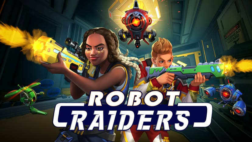Banner art for Robot Raiders featuring two characters standing shoulder-to-shoulder, fending off cartoony robots with colorful guns.